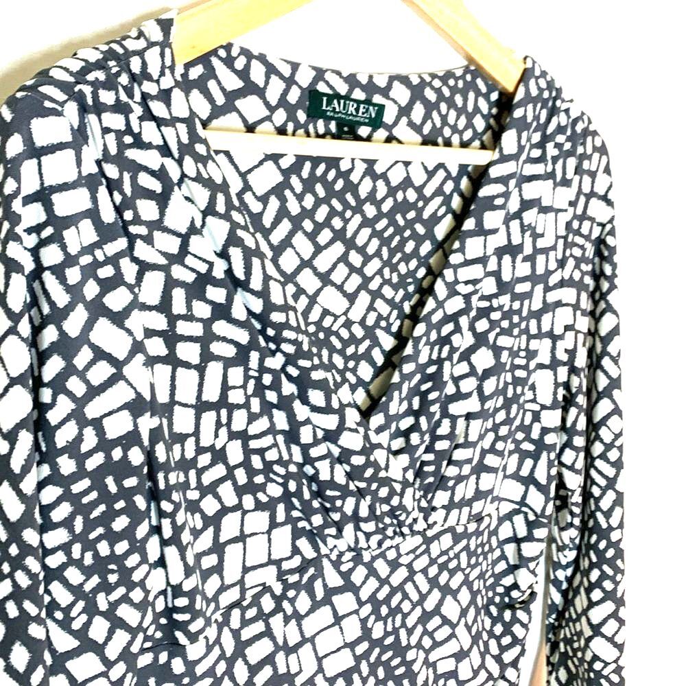 Lauren Ralph Lauren Ivory Gray Geo Print Faux Wrap Ruched Midi Dress Size 6 - Picture 6 of 14